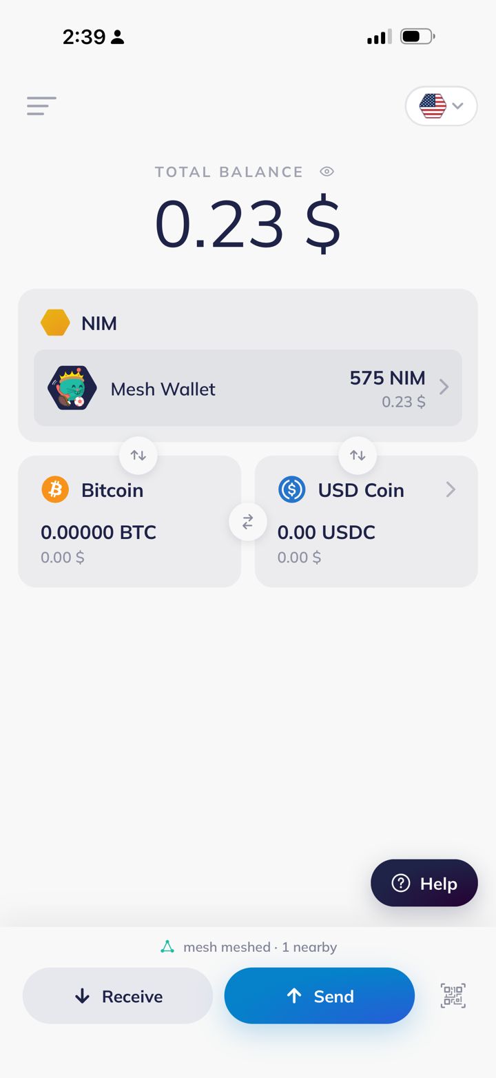 NIMmesh home screen, footer reads mesh meshed, 1 nearby
