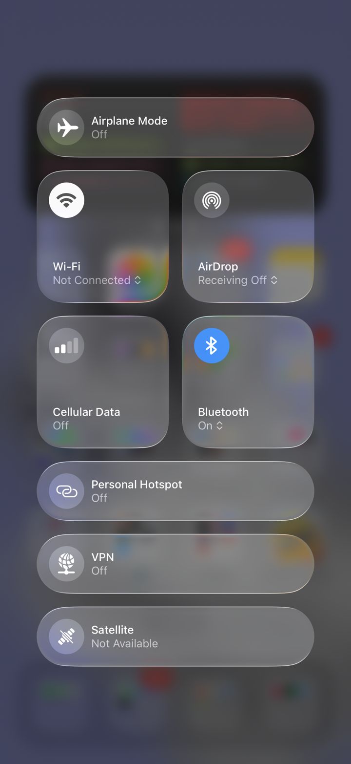 iOS Control Center with Wi-Fi not connected, Cellular Data off and Bluetooth on